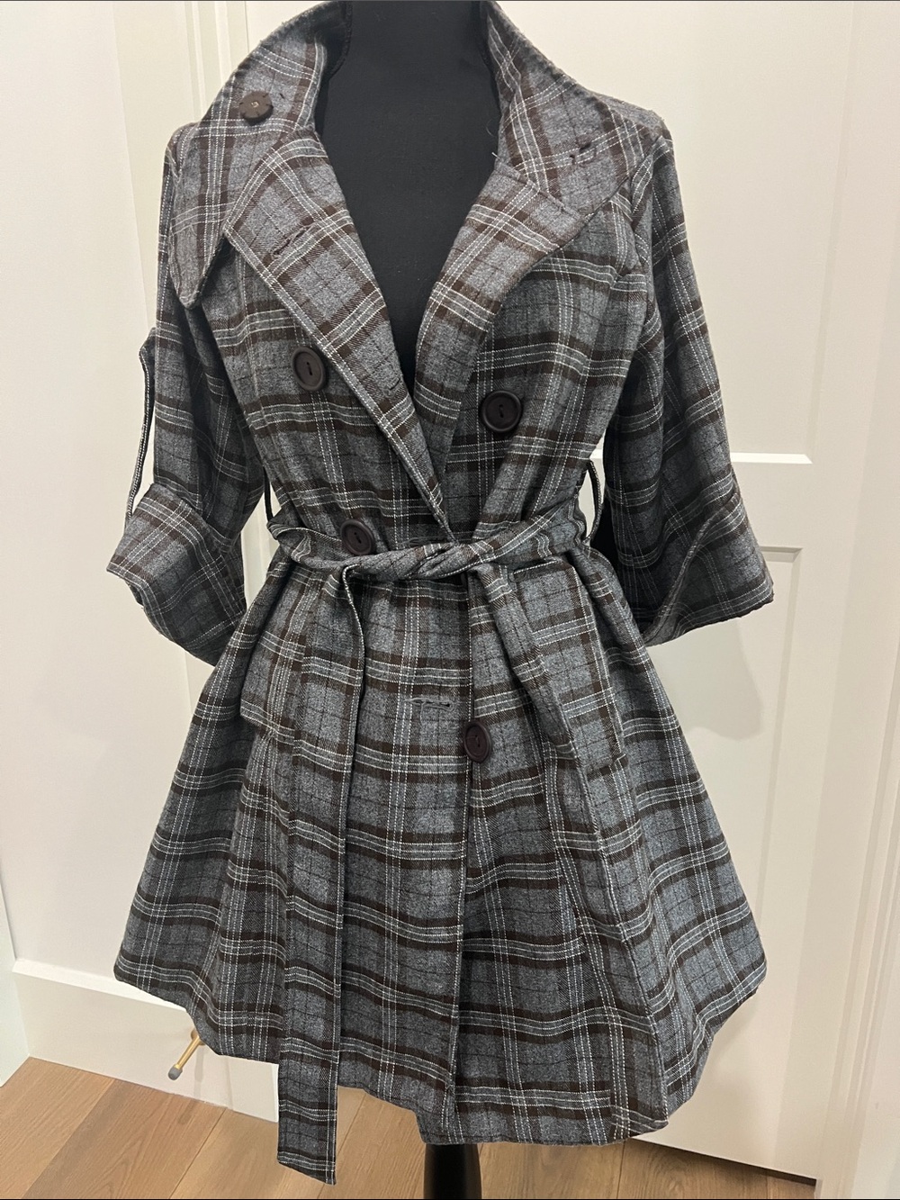 Plaid Double-Breasted Gray & Brown Coat - Picture 2 of 8